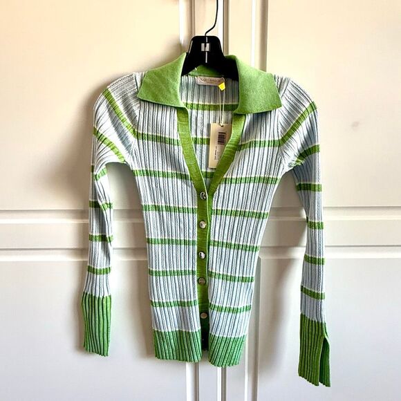NWT Ramy Brook “Raya” Stripe Knit Button-front Sweater, in light blue and green - Picture 4 of 13
